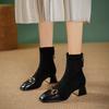 High Heel Short Boots New Year's Boots Splicing Square Head Spring and Autumn Single Boots Thick Heel Retro Horse Buckle Medium Boots