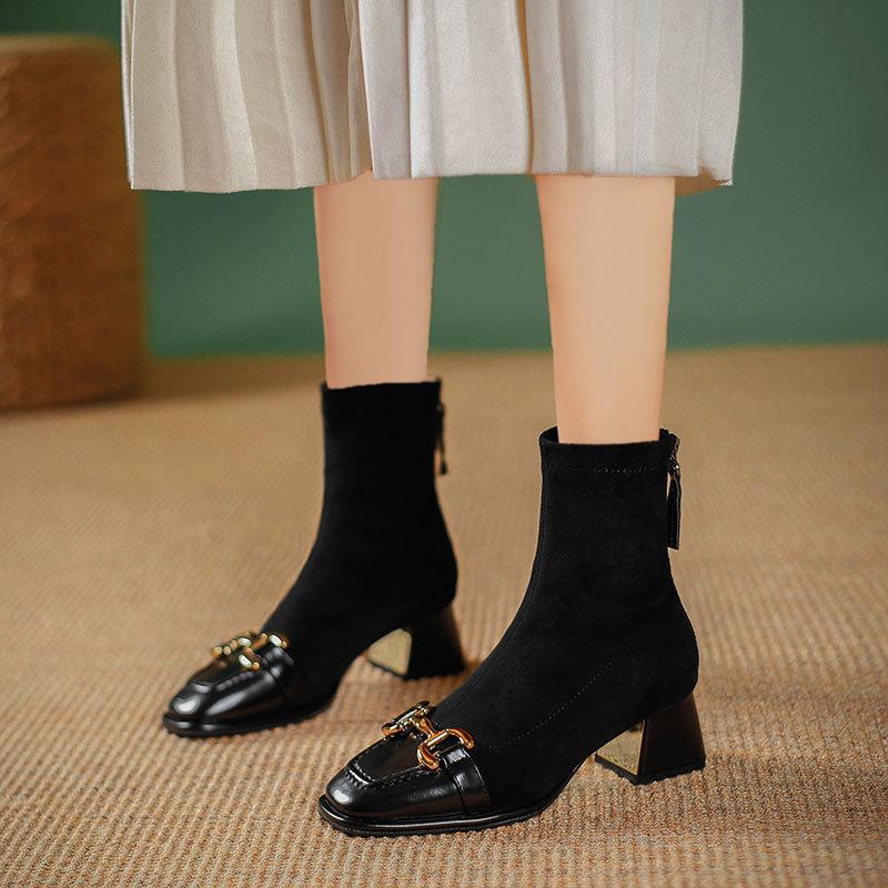 High Heel Short Boots New Year's Boots Splicing Square Head Spring and Autumn Single Boots Thick Heel Retro Horse Buckle Medium Boots