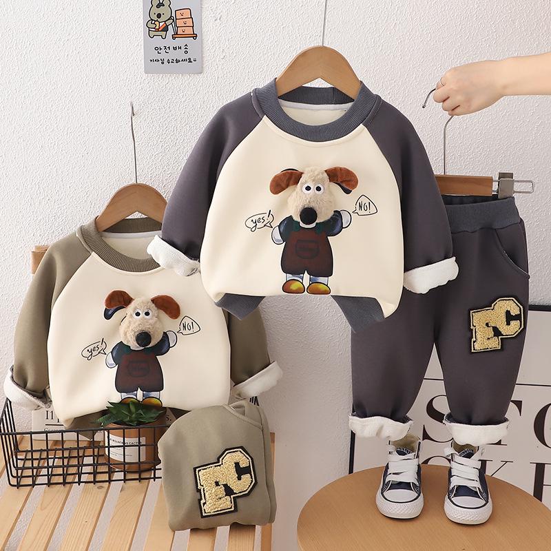 

2024 Boys and Girls Winter Fleece Lined Sweatshirt Two-Piece Set 100cm армія зелений колір
