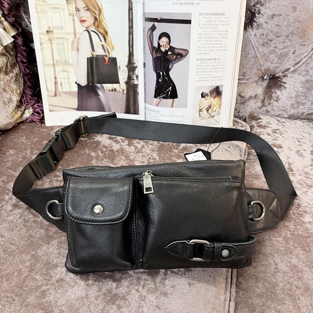 Fashion Men'S And Women'S Fanny Packs, Black Cowhide Fanny Packs, Breast Bags, Genuine Leather Satchel.