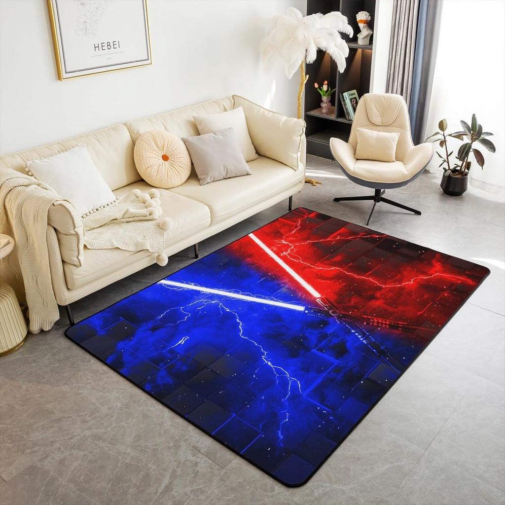 Blue Red Lightsaber Living Room Rugs Neon Glowing Lightning Decorative Carpet Gradient Light Indoor Floor Mat Video Game Theme