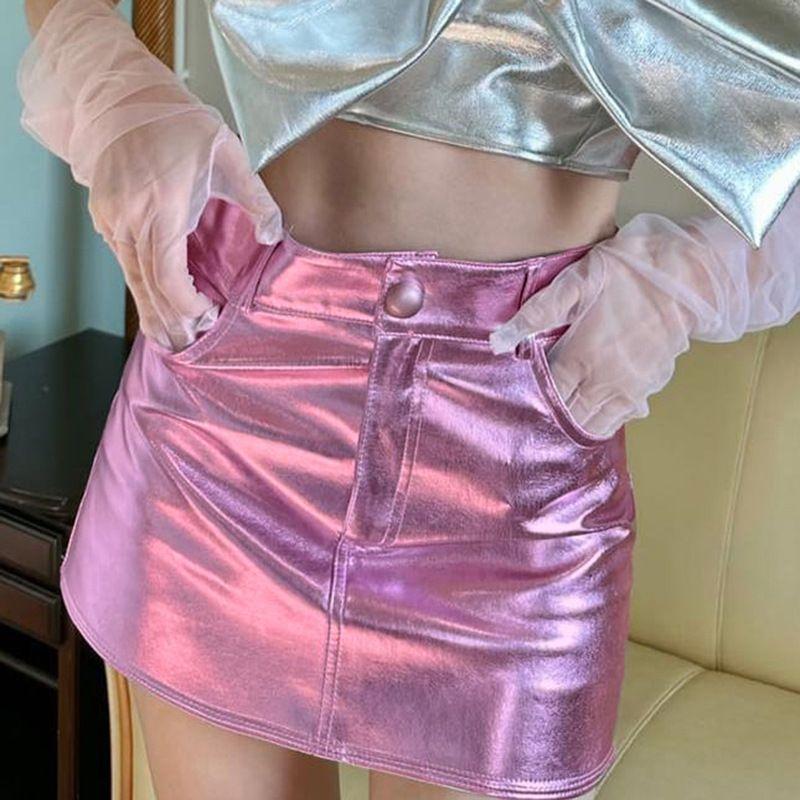 

Fashion Coating Shiny European and American Leisure Versatile Short Skirt Rose Red S
