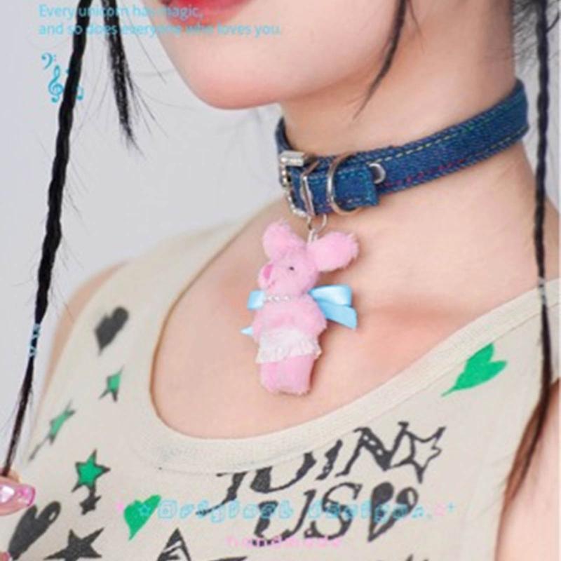 Sweet Short Necklace Cool Collarbone Chain Pink Rabbit Collar Necklace Unique Neck Jewelry Gift for Fashion Forward Girl