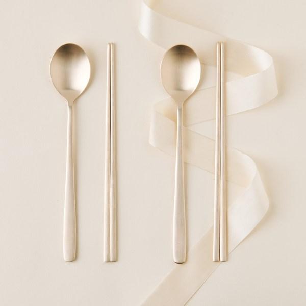 Obuja Bangjja Yugi Brass Spoon Cutlery Set for 2, Copper Color, 2p Spoons + 2p Chopsticks, Korean Popular Tableware