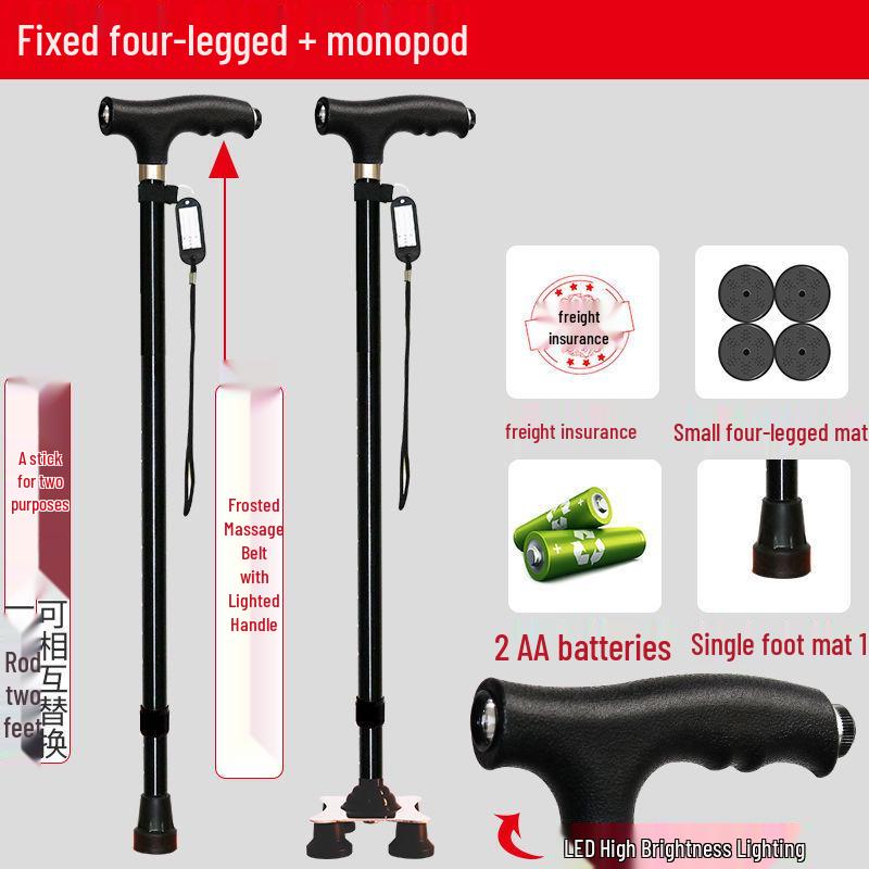 Four-Legged Aluminum Walking Cane with Light, Non-slip, Telescopic, Lightweight, Multi-functional Support for the Elderly