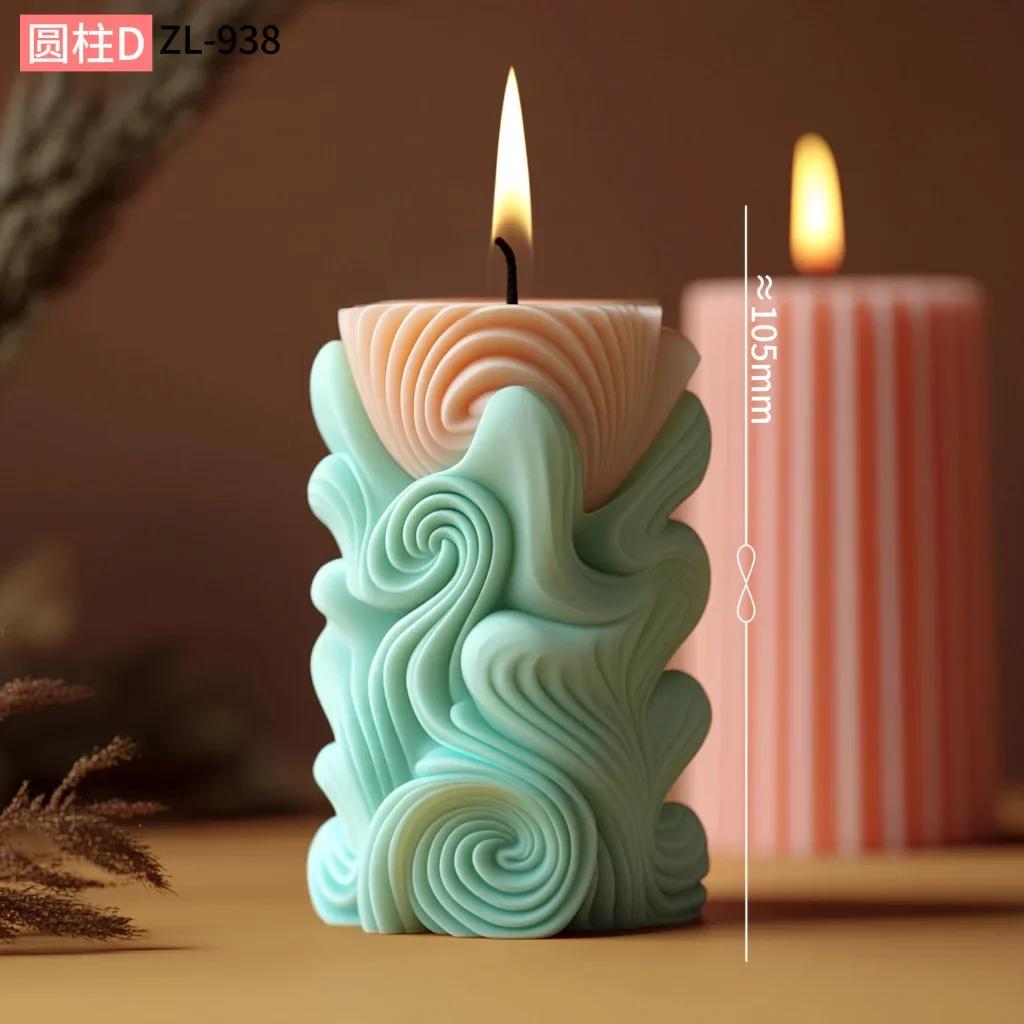 Wave Pattern Relief Cylindrical Candle Silicone Mold Rattan Flower Carving Roman Column Candle Mould Curved Column Resin Molds