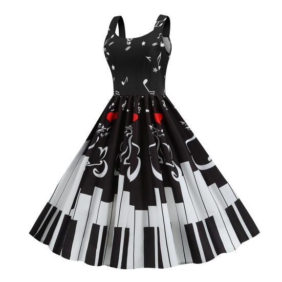 Dámské šaty bez rukávů v 50. letech vintage Vzor notového zápisu Midi šaty Retro koktejlové swingové šaty Áčkového střihu Večerní taneční róba na čajový dýchánek