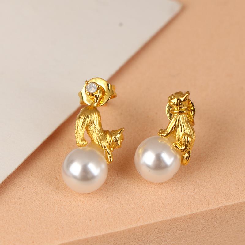 Lustige Katzen-Perlen-Steckohrringe für Damen Tier Haustier Asymmetrische Mädchen-Ohrringe Minimalistischer Kleiner Schmuck Geschenk