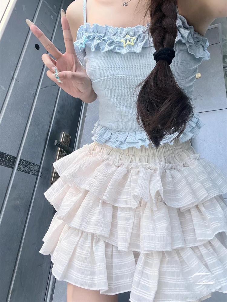 Kawaii Lolita Skjørt Shorts Kvinner Ruffle Patchwork Lagdelt Høy Midje Y2k Balletcore Miniskjørt Sommerfest Klubb