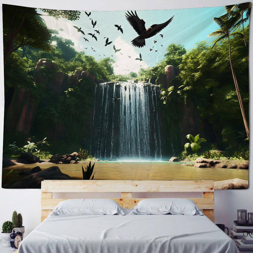 Tropical Rainforest Tapestry with Flowers & Birds Green Natural Landscape Wall Hanging Background Poster for Home Decoration