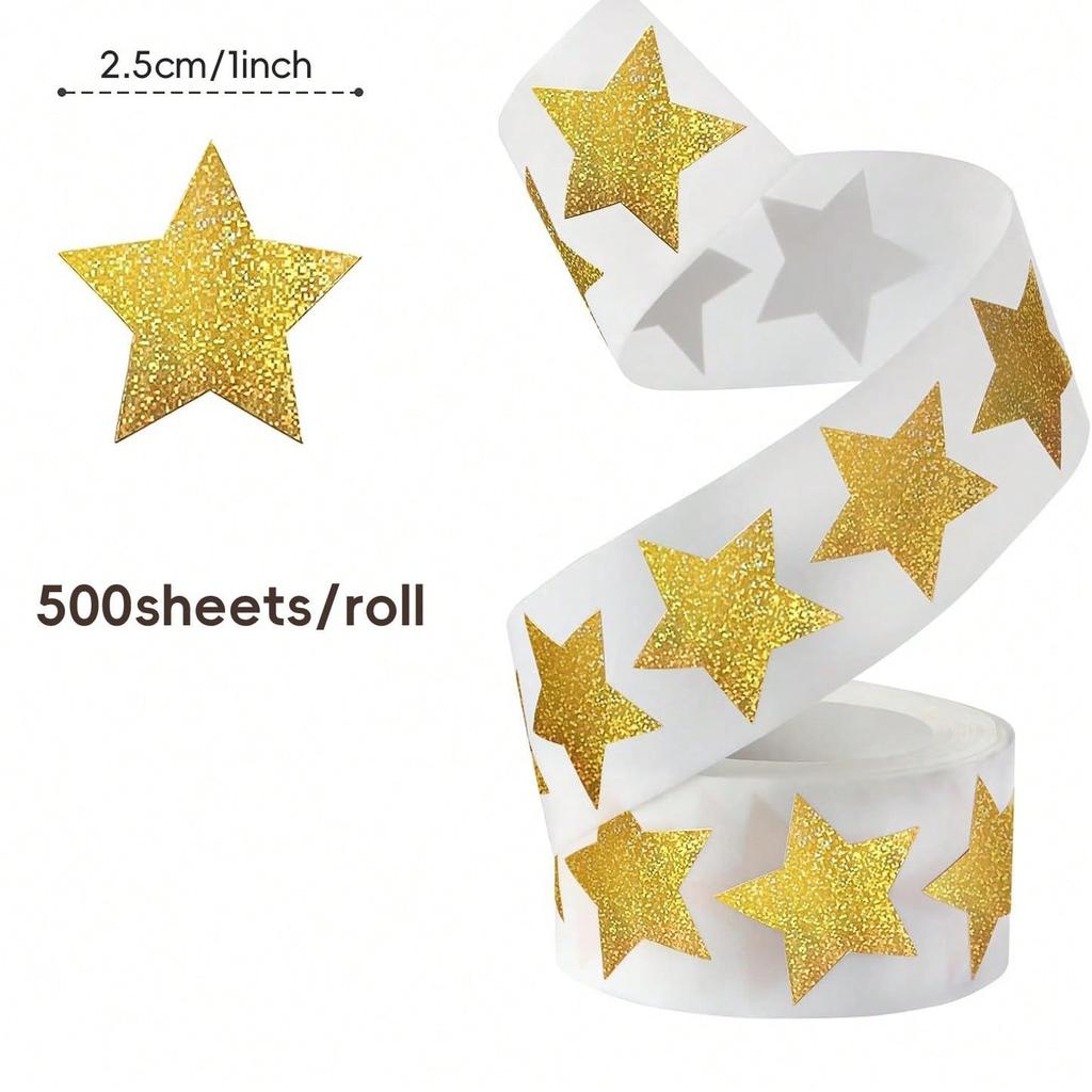 500 sheets per roll - Laser-finished fine sand gold five-pointed star stickers - Roll for gift decoration envelope sealing stickers