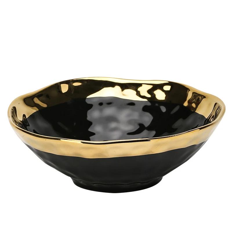 Ceramic White Steak Plate With Gold Edge Breakfast Tray Retro Bowl Dessert Pasta Dishes Western Food Container Ramen Bowl 1pcs