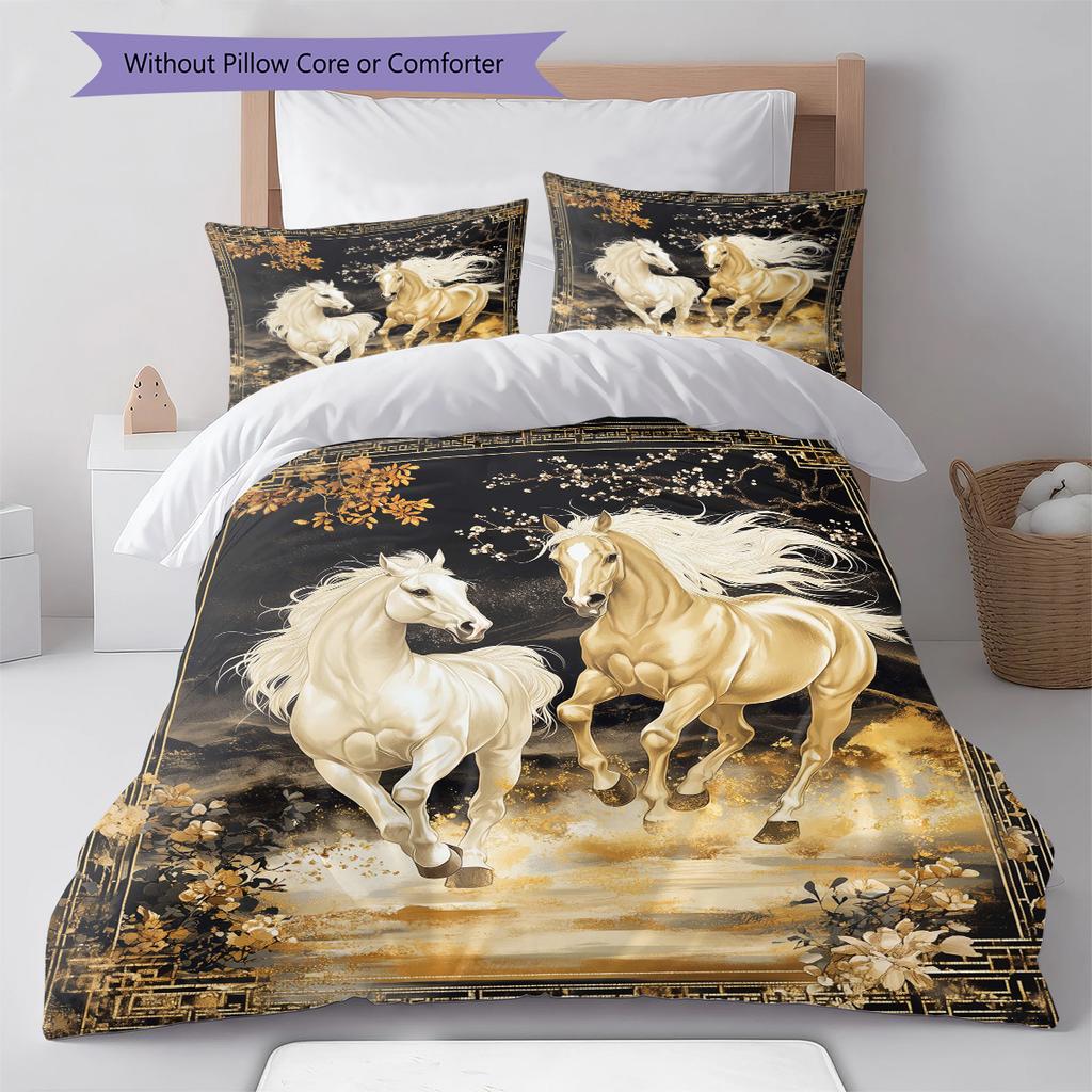 Horses Painting Pattern Bedding Quilt Set Quilt Cover Pillowcase Home Decoration Birthday Gift (1 * Duvet Cover + 2 * Pillowcase, Without Core)
