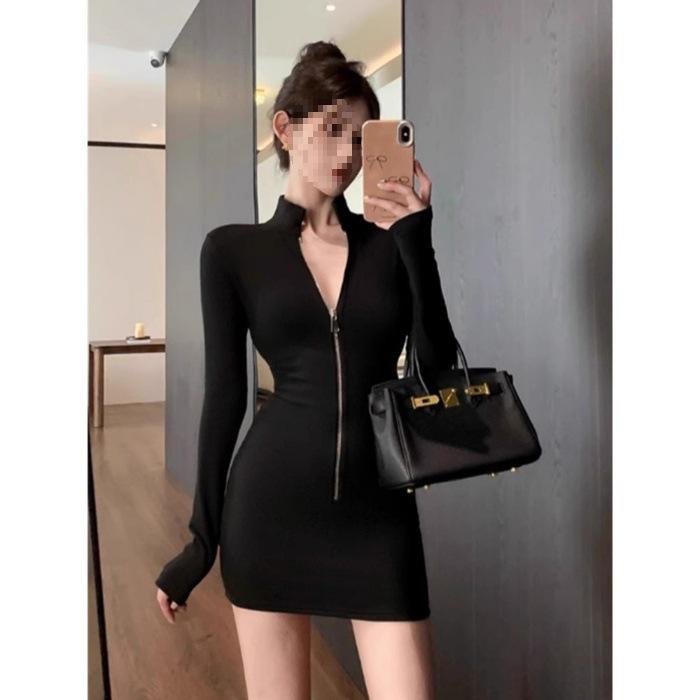 Elegant Solid Color Bodycon Zipper Dress for Women - Autumn/Winter Slimming Short Skirt