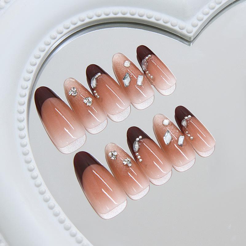 Cat Eye Gradient Blush Press On Nails, French Shiny Diamond Gentle Elegant European American Ins Style Removable Fake Nails 30Pcs