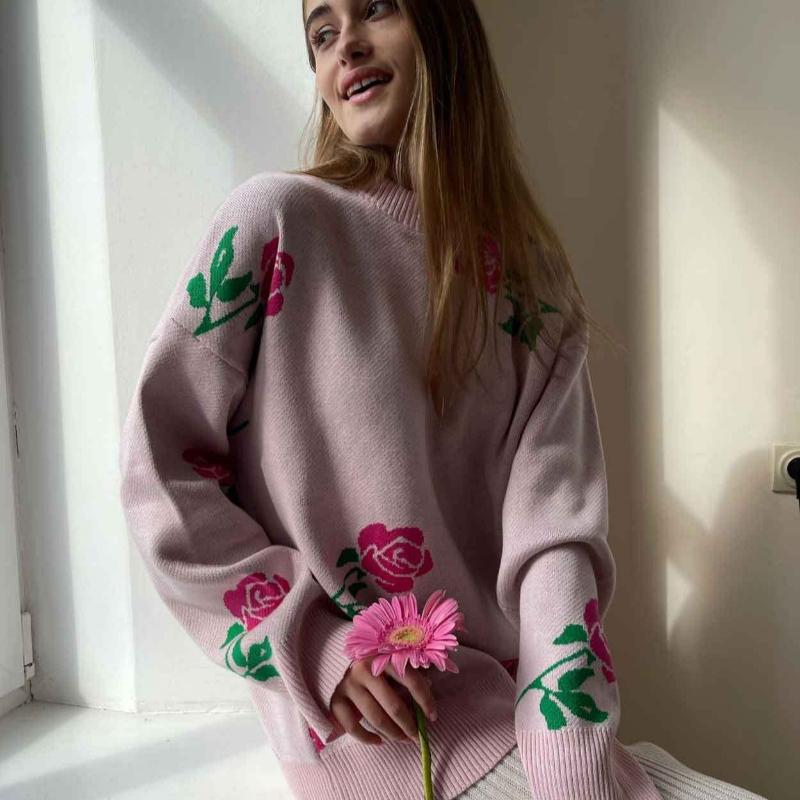 Herbst Rundhals Rose Print Gestrickte Pullover Frauen Winter Neue Mode Lose Pullover Pullover Weibliche Vintage Elegante Warme Casual Strickwaren Tops 24647