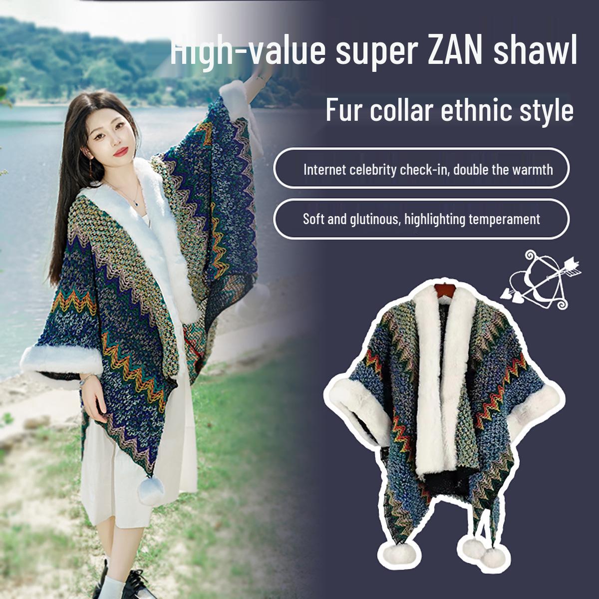 

Ethnic Style Faux Fur Shawl Poncho with Sleeves - Women s Thickened Yunnan Travel Scarf peacock синього кольору