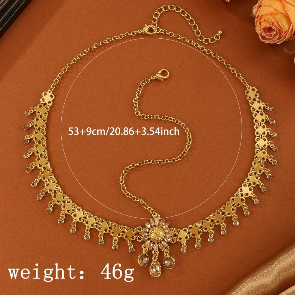 Arab Headdress Gold Color Crystal Sunflower Daisy Rhinestone Water Drop Tassel Head Chain Headband For Women Wedding Accessories