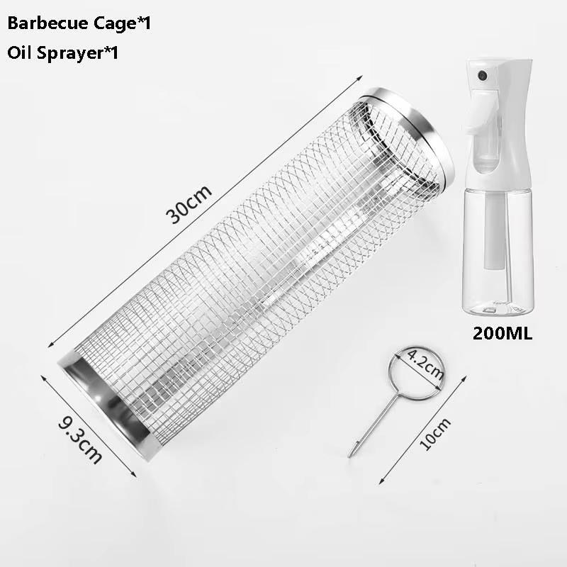 Rolling Grill Basket BBQ Mesh Tube Removable Wooden Handle Stainless Steel Round Mesh Cage Outdoor Camping Cooking Tools
