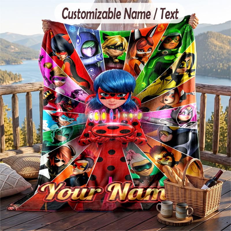 Coperta in Flanella Miraculous Ladybug, Testo con Nome Personalizzato, Morbida Calda Coperta Plaid in Peluche per Regalo