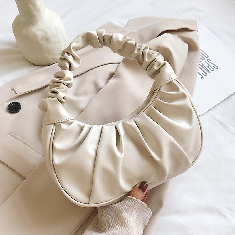 

Модные плиссированные сумки с ручками для женщин, однотонные облачные сумки, сумки на ремне из искусственной кожи, сумка для подмышек, маленькая сумка-тоут для девочек, повседневная сумка 26x7x17cm белый