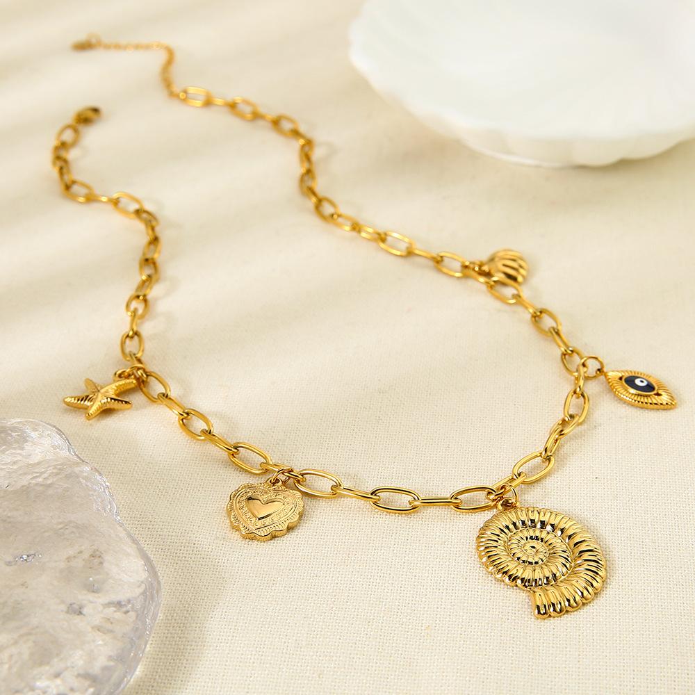 Ocean Resort Wind Starfish Conch Shell Fringe Pendant 18k Gold Stainless Steel Necklace Versatile Clavicle Chain