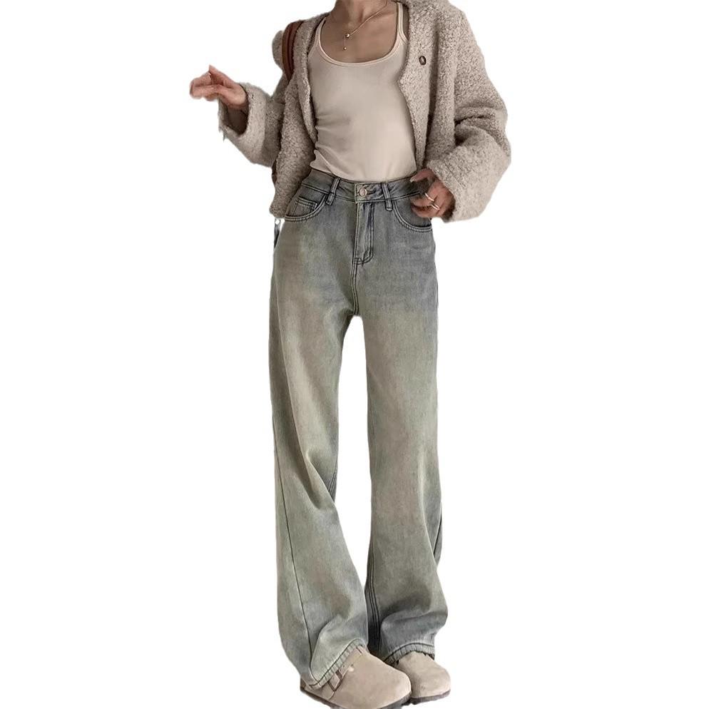Women's High-Waist Yellow Mud Wide-Leg Jeans - Retro, Warm, Plus Velvet, Loose Fit for Autumn/Winter