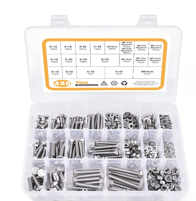 480PCS 304 Stainless Steel, 13 Metric Common Sizes Included M4 M5 M6 Bolts Nuts Assortment Kit