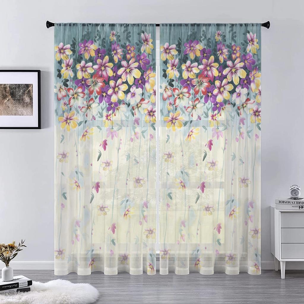 Flower Wall Voile Curtains Living Room Bedroom Decoration Transparent Chiffon Tulle Curtain Kitchen Window Treatment Sheer Polyester Sitting Decor