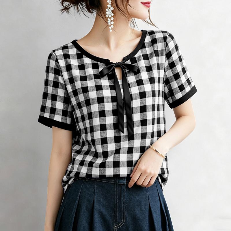 ZANZEA Women Bow Collar Casual Short Sleeve Plaid Print Blouse