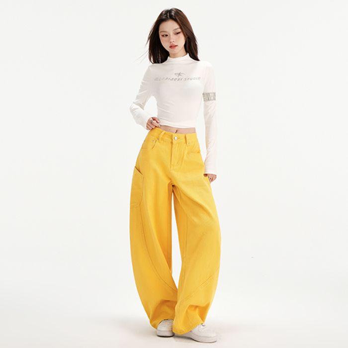 American retro big pocket tooling scimitar jeans women's loose wide-leg sickle silhouette design dad pants