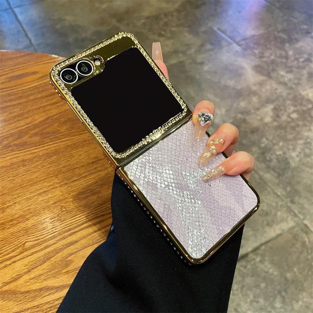 Electroplating High Quality Snake Leather Phone Case for Samsung Galaxy Z Flip 6 5 Flip6 Flip5 5G Shockproof Protective Cover