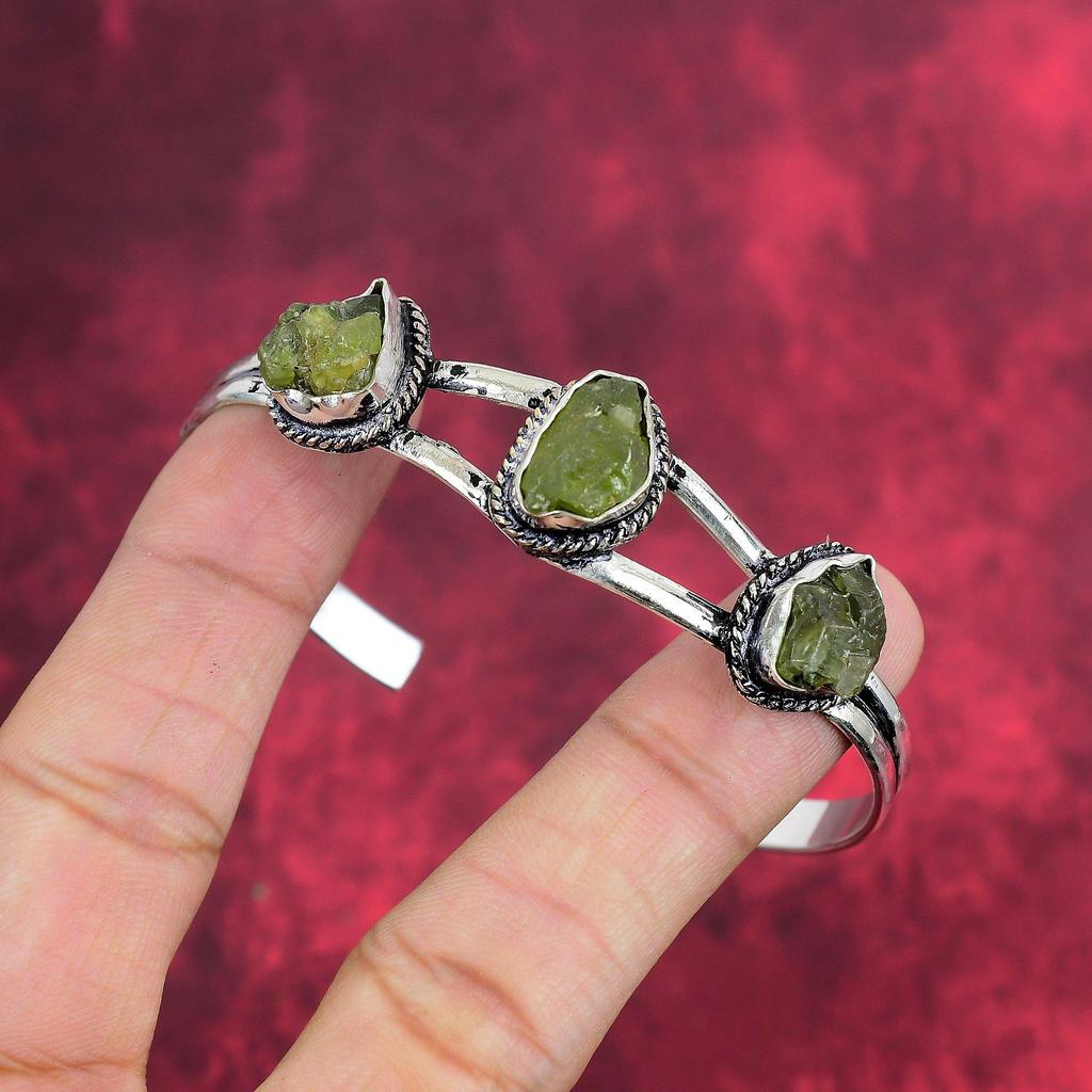 Rough Peridot Gemstone 925 Solid Sterling Silver Jewelry, Handmade Gorgeous Adjustable Bracelet For Wedding Gift