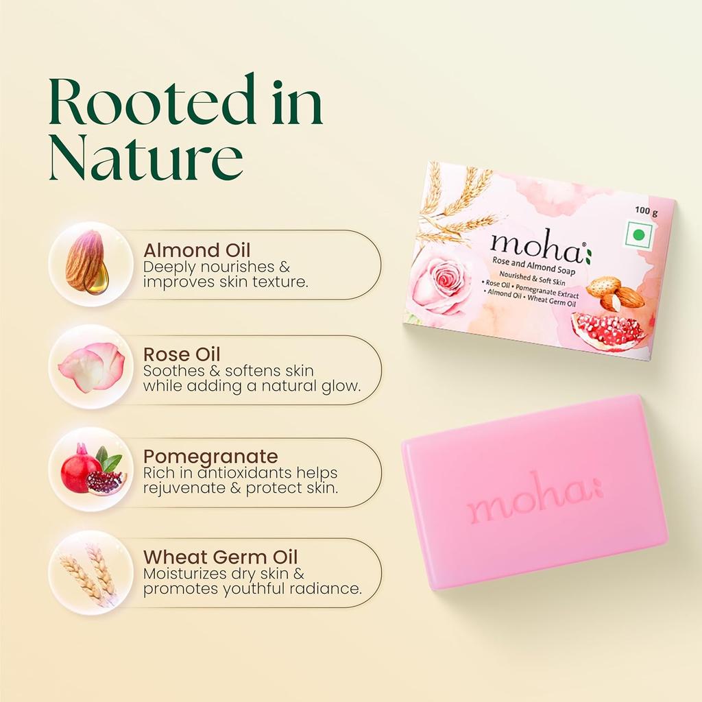 MOHA Rosen- & Mandel-Seifenstück für Gesicht und Körper Sanft Peeling Feuchtigkeitsspendende Badeseife 100 g 3er-Pack Tägliche Feuchtigkeitspflege