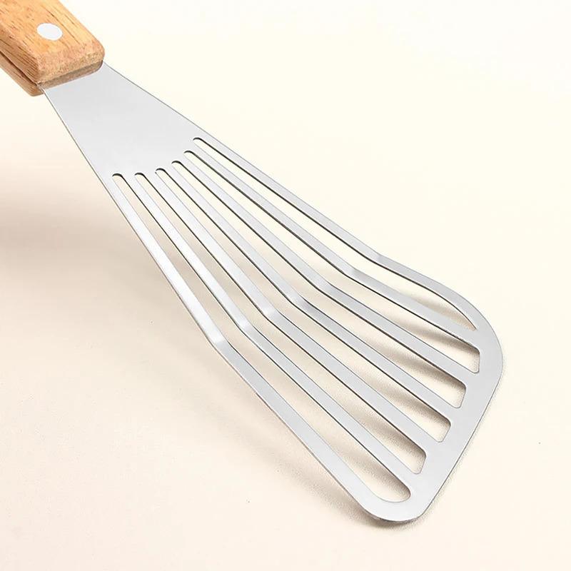 1 Stück Edelstahl Fischbratspatel mit Holzgriff Fächerförmiger Spatel Haushalt Hochtemperatur-Bratspatel