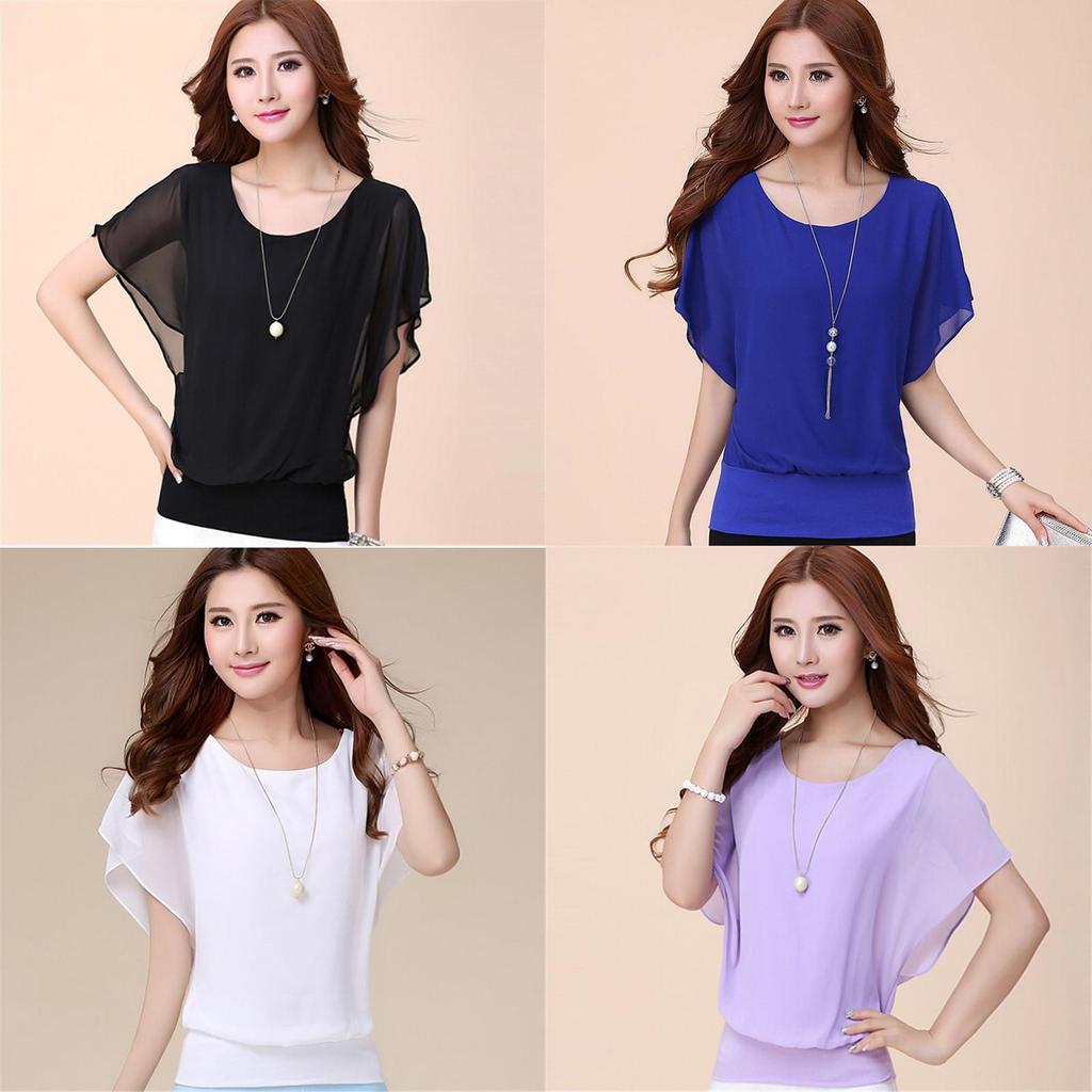 Luxurious Plus Size Chiffon Blouse With Elegant Ruffle Batwing Short Sleeves