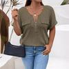 Solid Color Zipper Short Sleeve Casual Pullover T Shirt Women Loose Clothes Fashion Female Tee V-Neck Streetwear Plus Size Tops