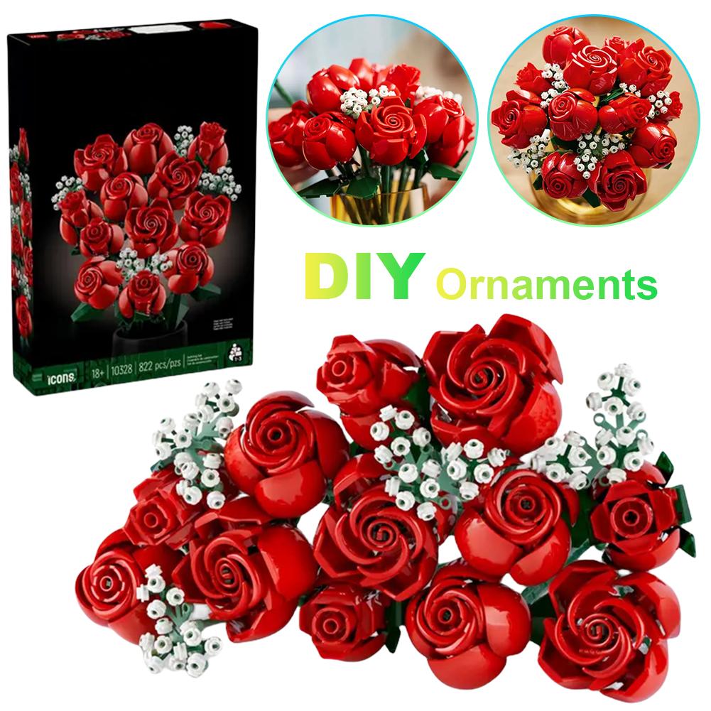 Creative Red Rose Vase Plants Model Building Blocks Romantic Flower Bouquet Building Block Eternal Model Home Desk Plant Decor