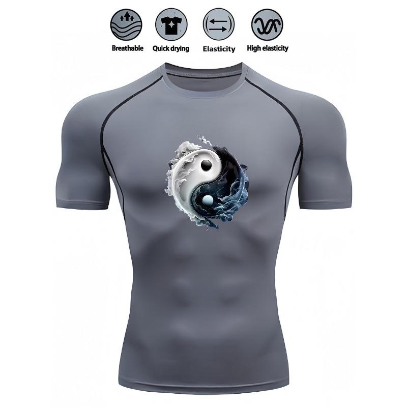 Mens White Compression Short Sleeve T-Shirt Yin Yang Graphic Quick Dry Breathable High Elasticity Gym And Running Athletic Top