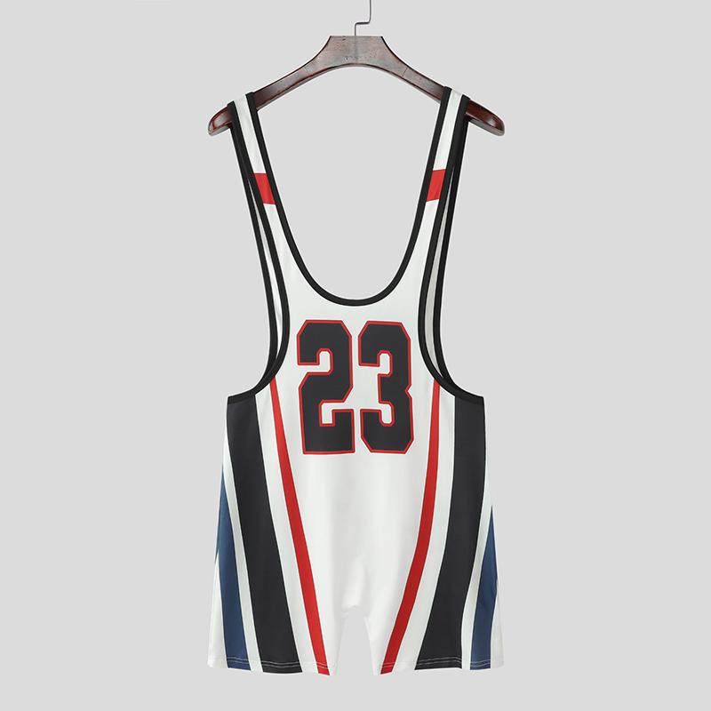 INCERUN Men Low Cut Sleeveless Letter Striped Print Home Wear Jumpsuits Rompers