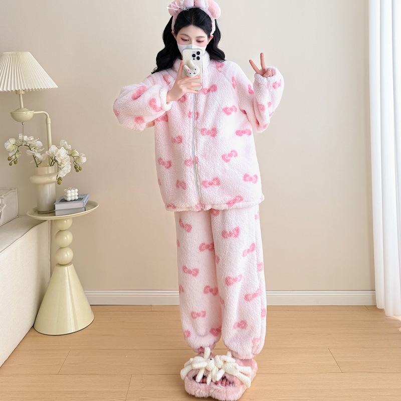 

Pink Bow Fleece Maternity Home Wear Set - Cozy & Warm for Autumn/Winter XL