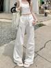 Women's White Casual Cargo Pants - Korean Style Influencer Design, Pleated Parachute Pants, Loose Fit, Floor-Length, Versatile for Spring and Autumn.