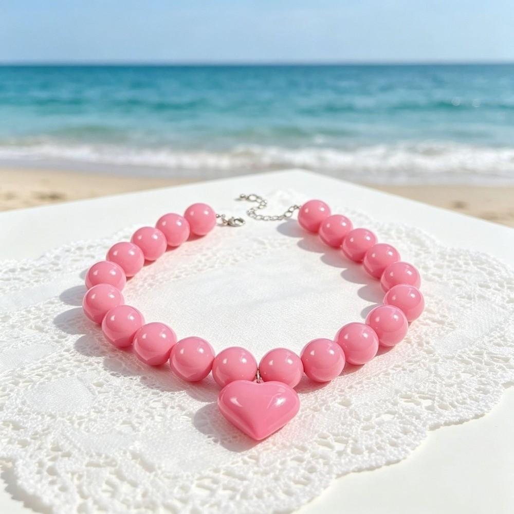 Round Beaded Necklace Solid Cream Color Clavicle Chain Fashionable Heart Pendant Choker Date Gift