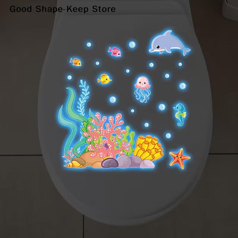 Glow-in-the-Dark Fish Toilet Self-Adhesive Sticker Ocean Bathroom Decor Removable Wall Art for Home Living Room