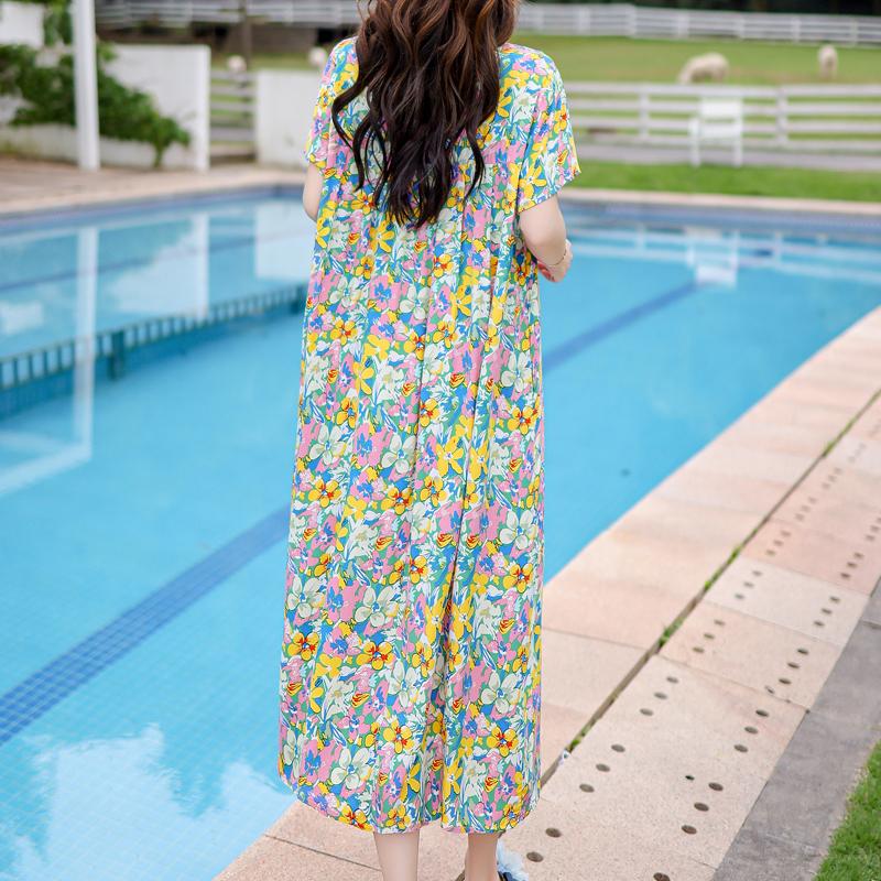 Vintage Print Loose Dresses For Women Plus Size Short Sleeve Casual Long Dress Summer Elegant Middle-aged Women's Clothing