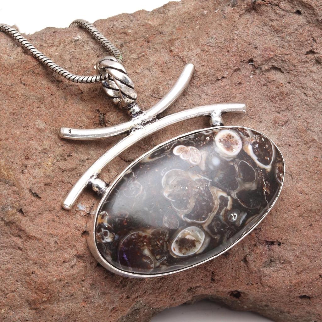 Gema Jaspe Turtella Pingente de Joalheria Prata Unissex Feminino Feito à Mão 1.75