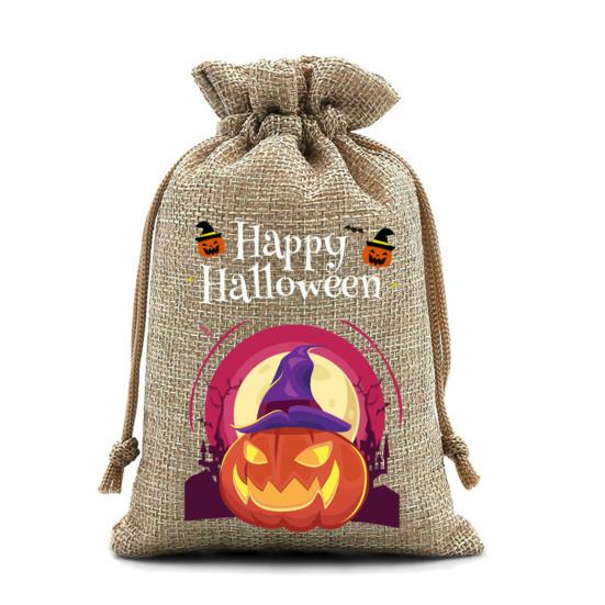 12Pcs Halloween Pumpkin Burlap Gift Bags Small Drawstring Goodie Treat Bag Halloween Linen Jute Candy Bag for Kids Trick or Treat Party Supplies