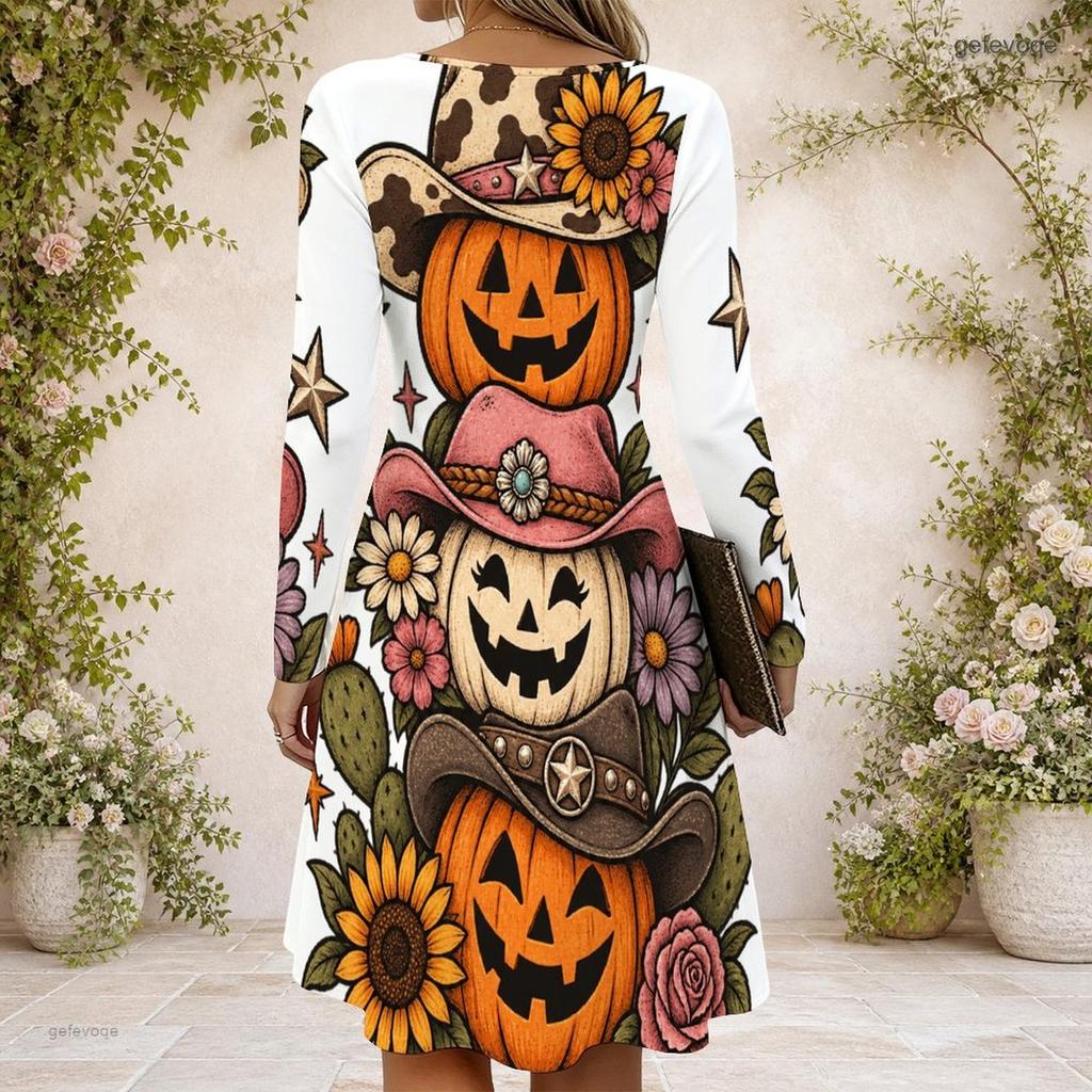 Women s Criss Cross V Neck Long Sleeve White Halloween Sloth Pumpkin Printed Dress