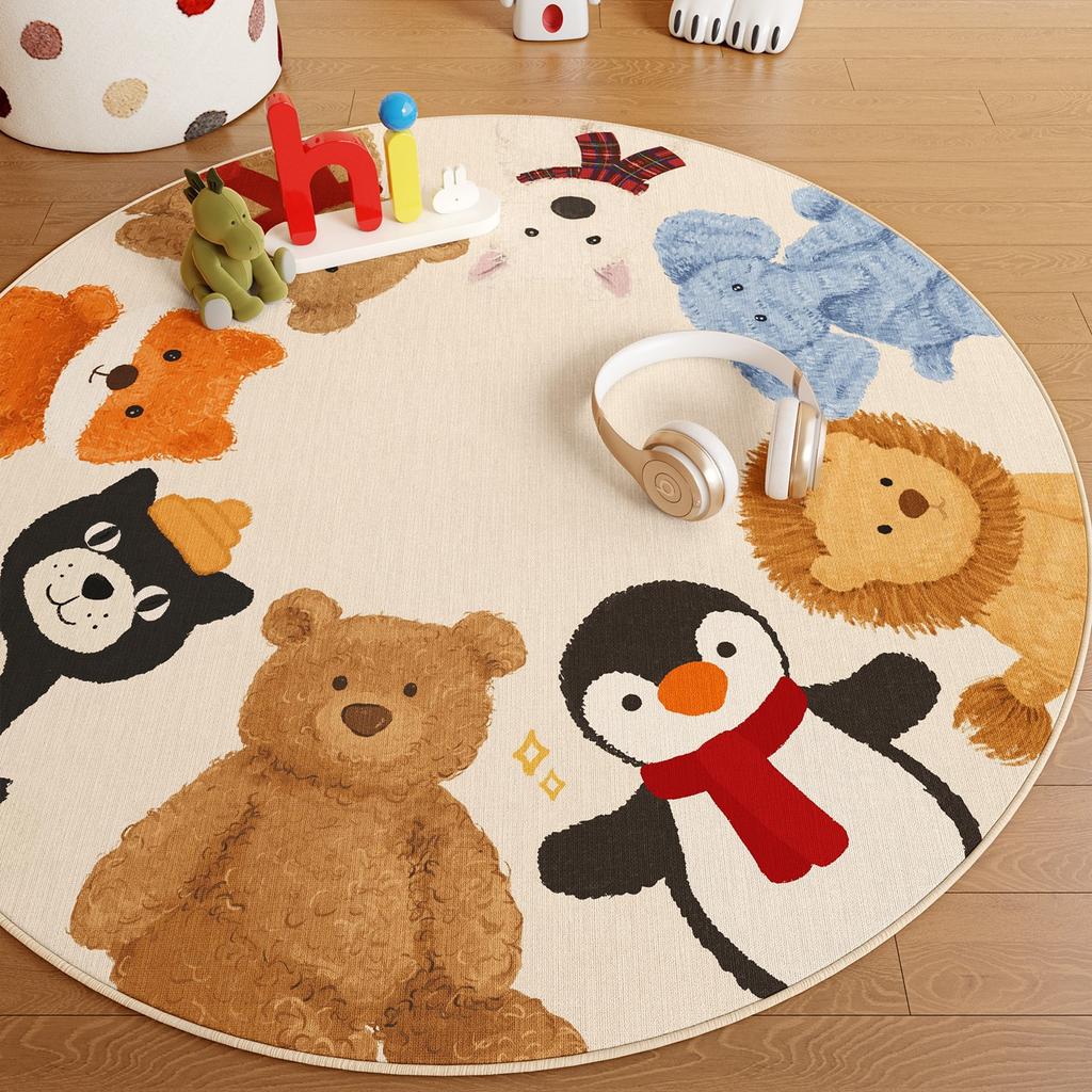 Cartoon Animals Pattern Round Carpet Bear Penguin Lion Print Floor Mat Cute Kids Room Decor Non-Slip Rug for Playroom Bedroom