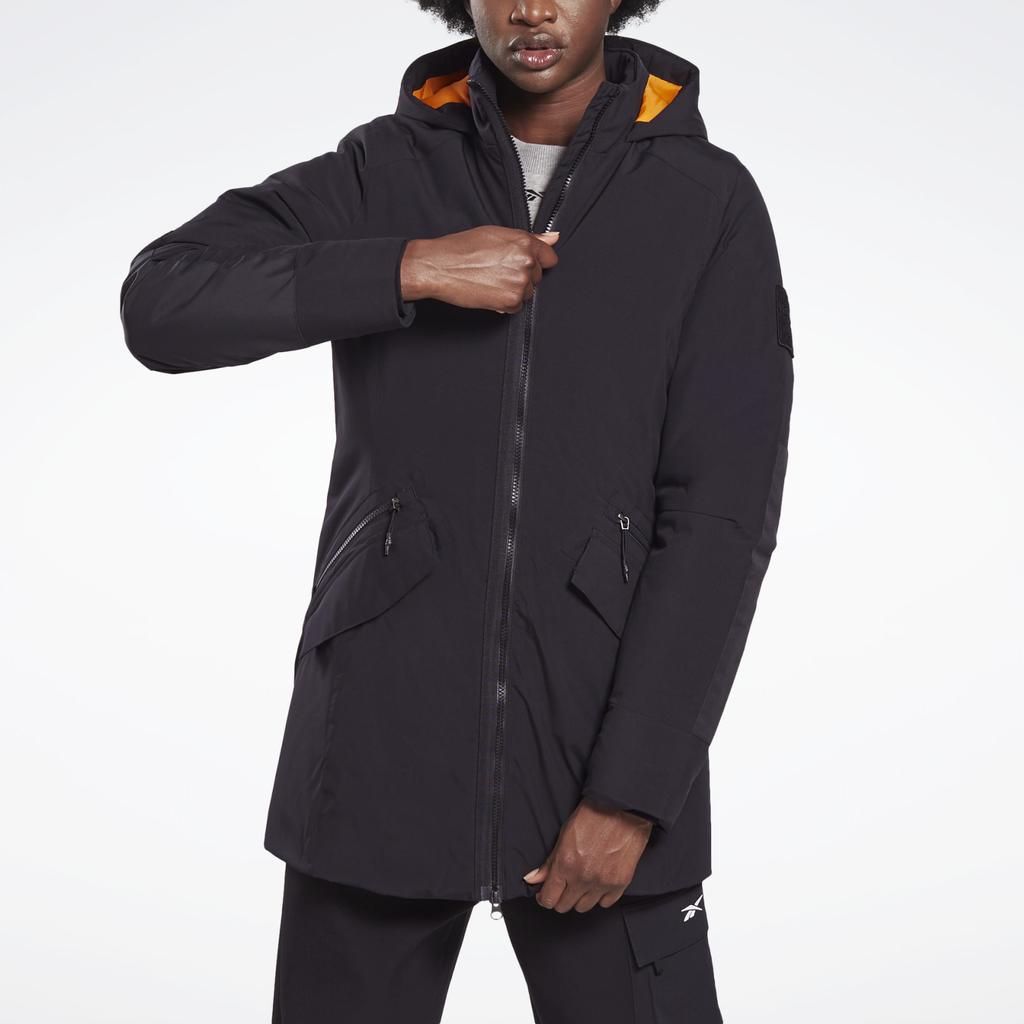 Reebok Solid Color Mid-Length Thick Zipper Hooded Long Sleeve Cotton Jacket Women Jackets FU1693-BLACK